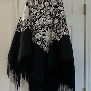 Black Floral Embroidered Fringe Shawl